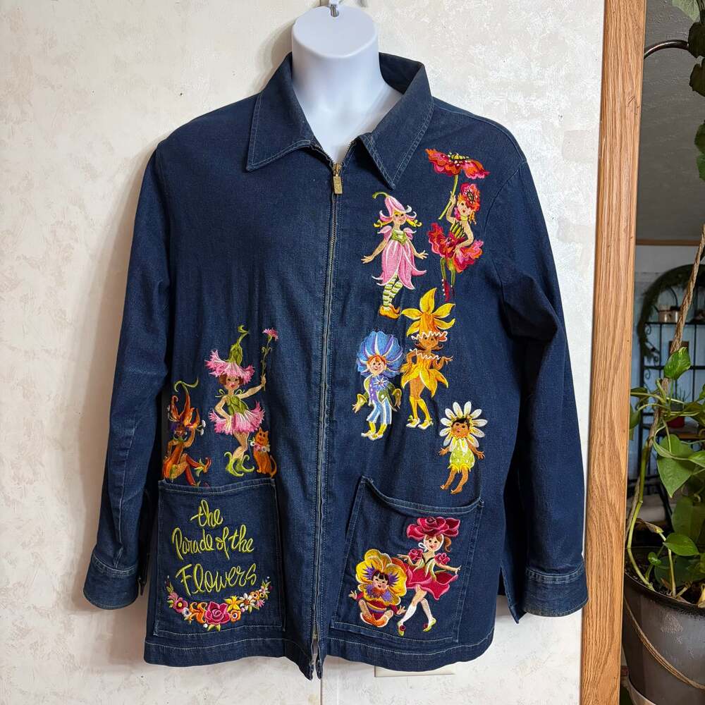 VTG Bob Mackie Wearable Art Embroidered Denim Chore Jacket Fairy Pixie Floral 2X